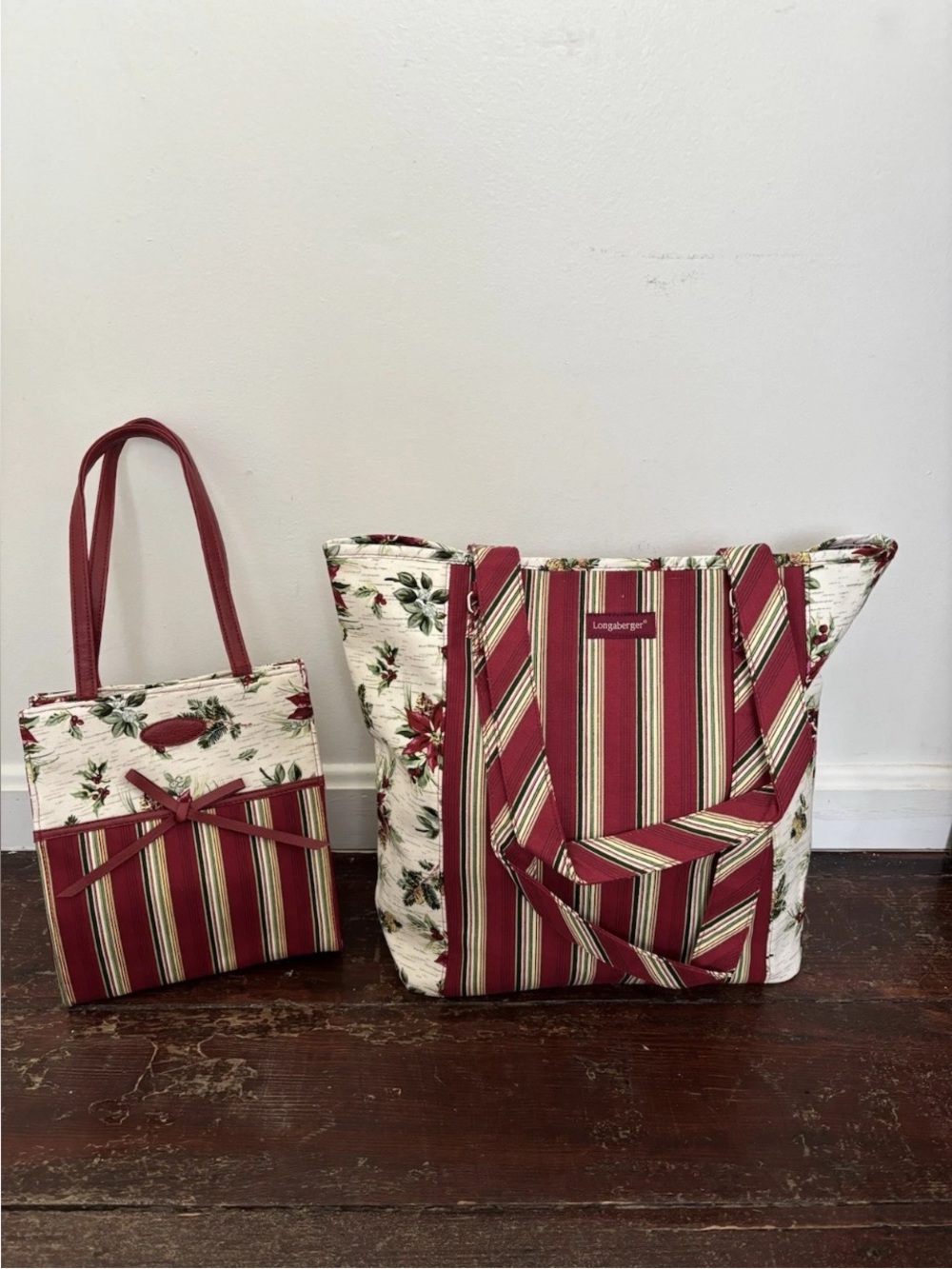 Longaberger 2 Holiday Totes Poinsettia Stripe Pattern